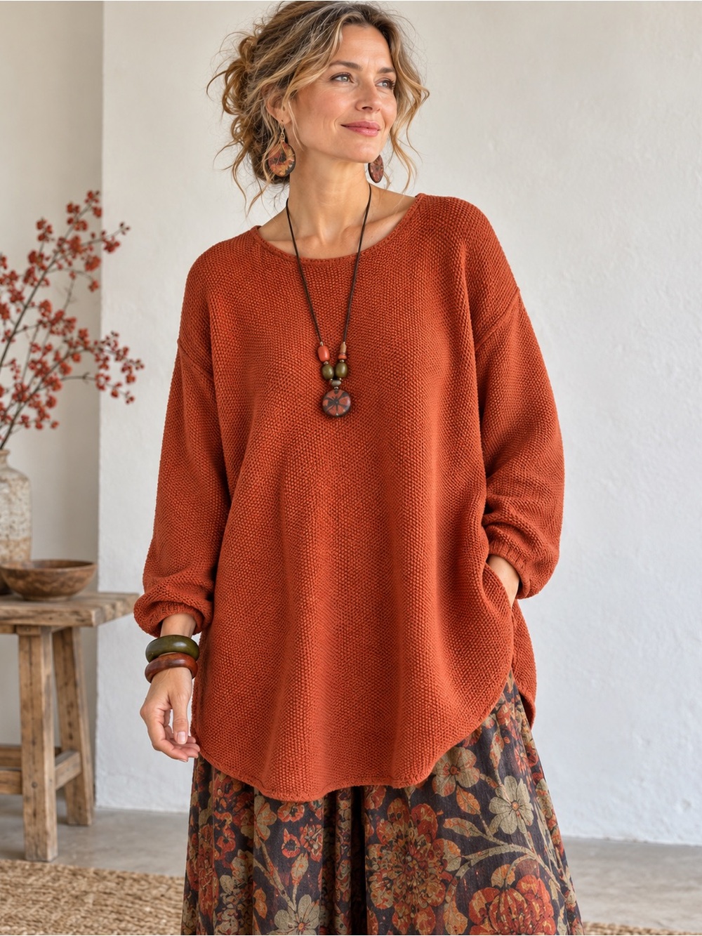 Gudrun Sjödén Rust Orange Organic Cotton Textured Tunic Sweater Medium